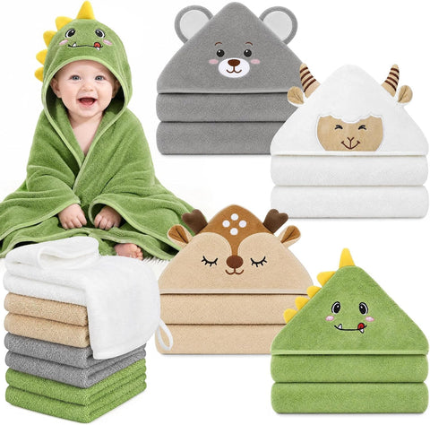 12 PCS Baby Bath Towels Set for Infants Toddlers Essentials (Deep Green, White, Grey, Brown)