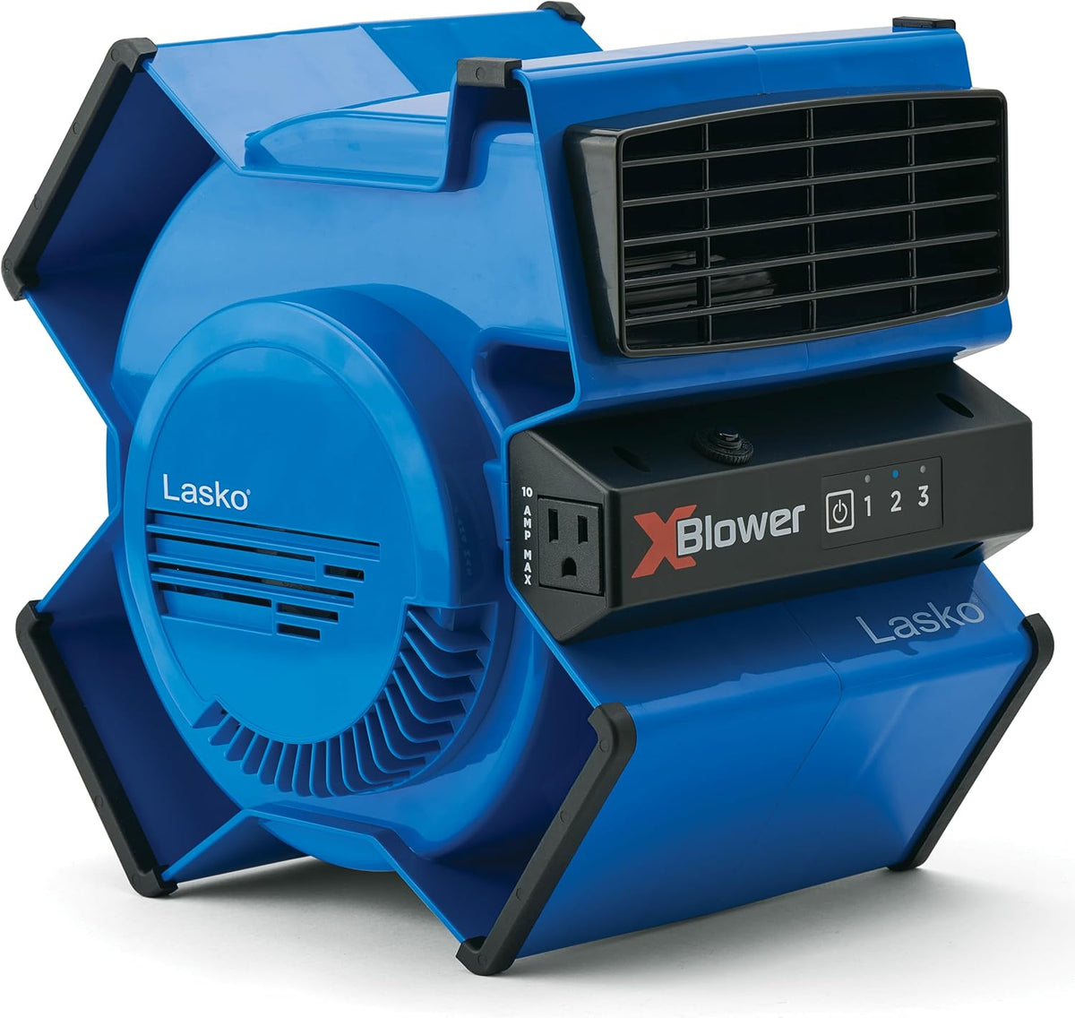 Lasko X-Blower High Velocity Pivoting Utility Blower Fan for Cooling, Ventilating, Exhausting, and Drying, 6 Position 3-Speed Floor Fan with AC Outlet, Circuit Breaker, USB Port, 11x9x12, Blue, X12905