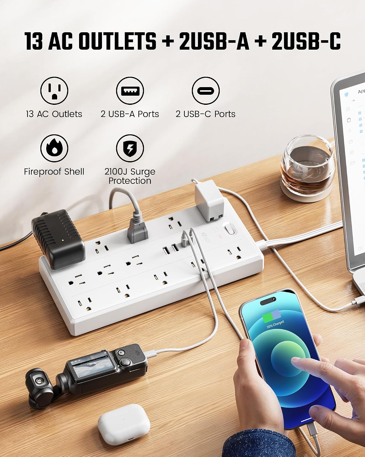 SUPERDANNY 20Ft Extension Cord with Multiple Outlets, Flat Plug Power Strip