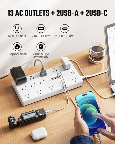 SUPERDANNY 20Ft Extension Cord with Multiple Outlets, Flat Plug Power Strip