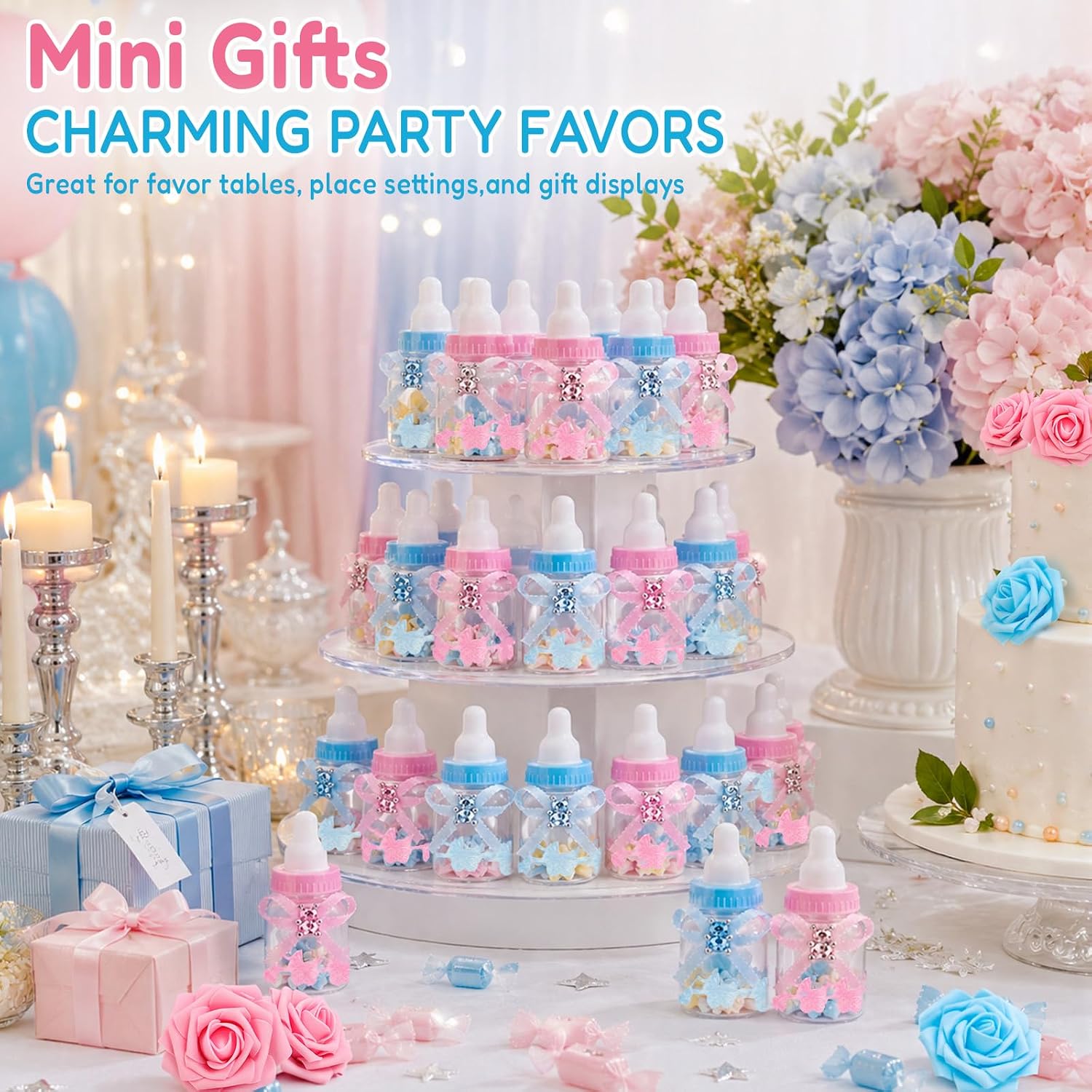24Pcs 3.5" Baby Bottle Candy Boxes+ 6 Artificial Roses Baby Shower Favors