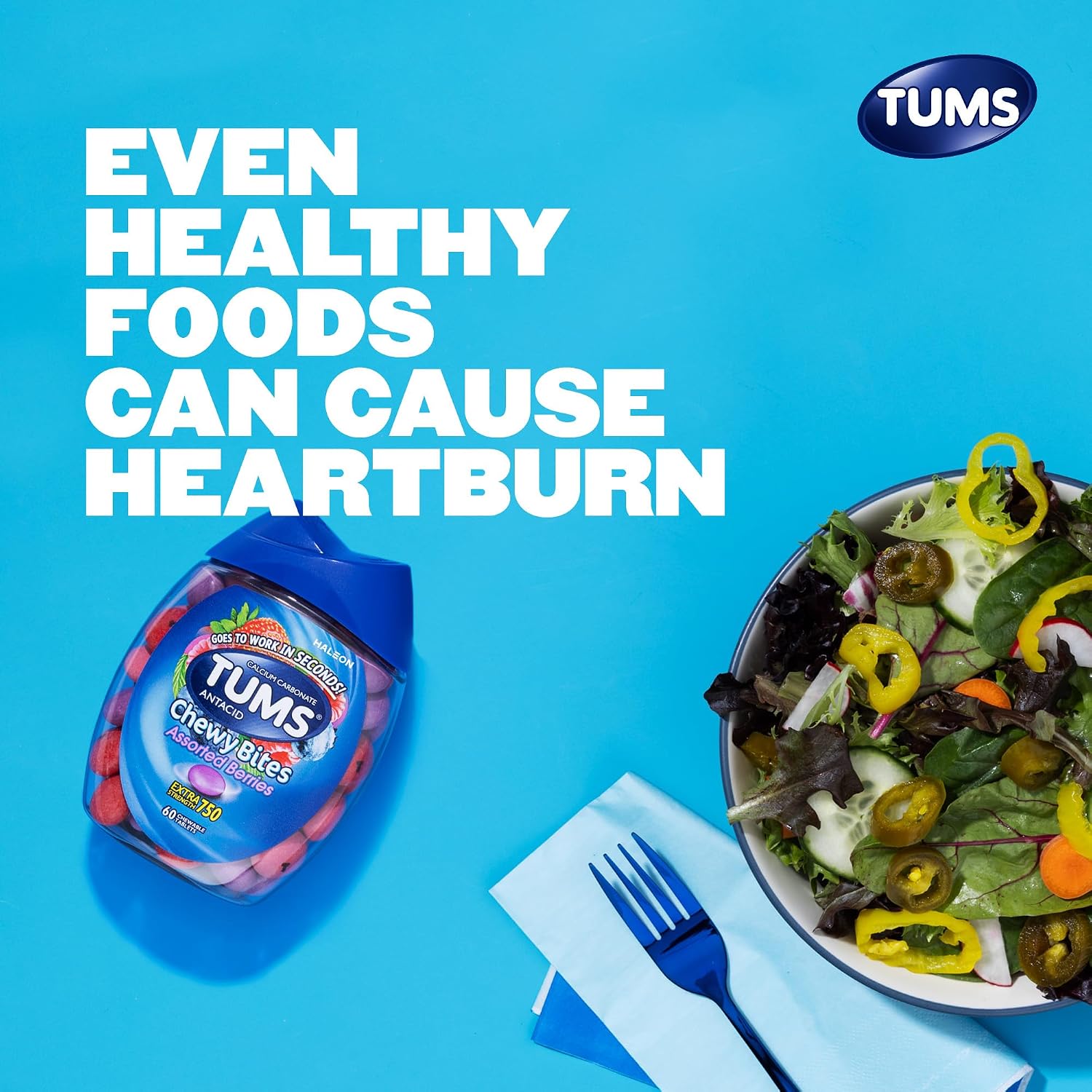 TUMS Chewy Bites Antacid Tablets for Chewable Heartburn Relief and Acid Indigestion Relief, Assorted Berries - 60 Count | Ultra Strength Formula, Neutralizes Acid Instantly for Indigestion and Upset Stomach, Multi-Symptom Relief, Gluten Free