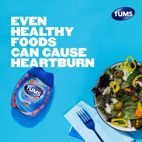TUMS Chewy Bites Antacid Tablets for Chewable Heartburn Relief and Acid Indigestion Relief, Assorted Berries - 60 Count | Ultra Strength Formula, Neutralizes Acid Instantly for Indigestion and Upset Stomach, Multi-Symptom Relief, Gluten Free