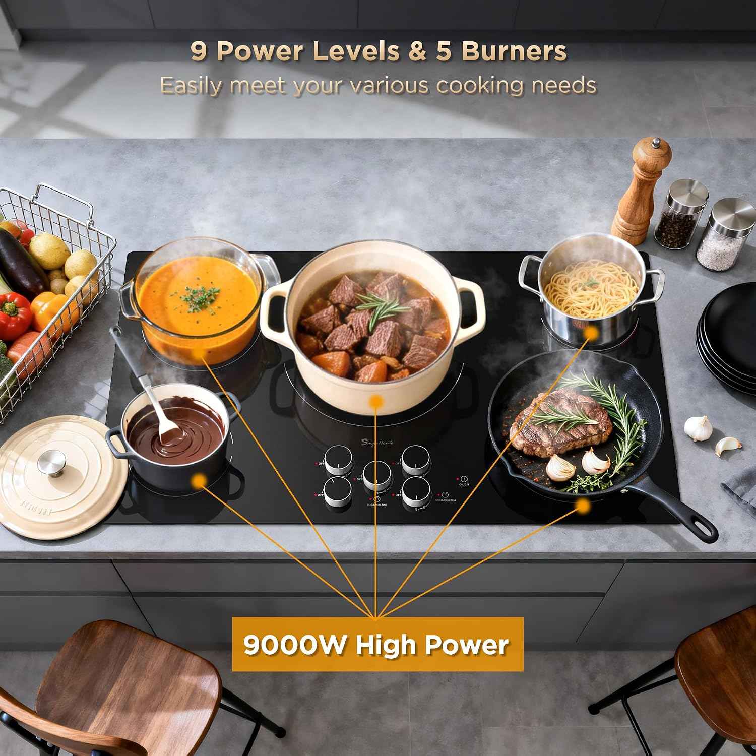 36 Inch Electric Cooktop 5 Burners, Electric Stove Top with Knob Control, Built-in Ceramic Stove, Fast Heat, 9 Heating Level, 9000W with Hard Wire for 220V~240V