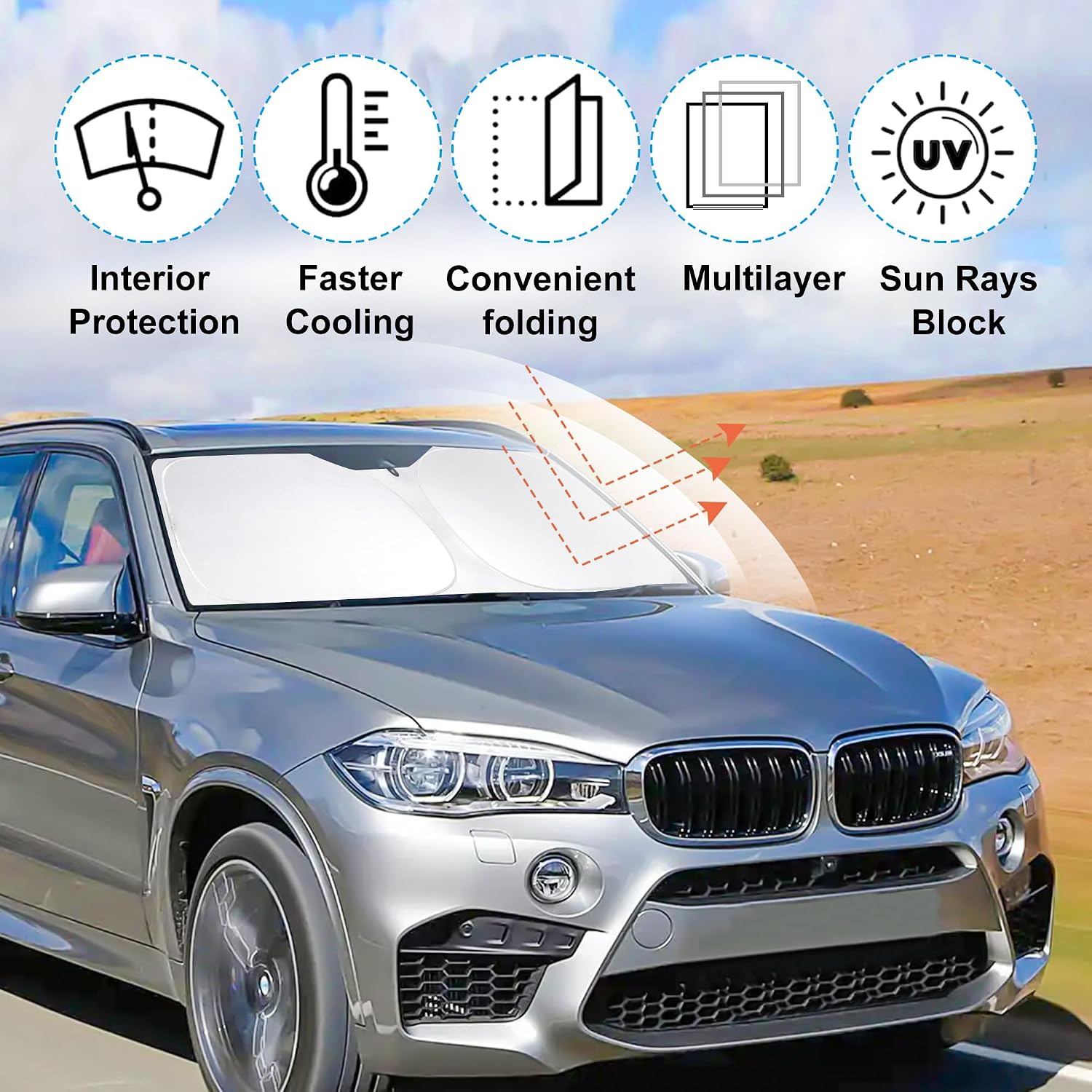 YYCKE Windshield Sun Shade Accessories Compatible with 2014 2015 2016 2017 2018 X5 for BMW Foldable Sunshade Sun Visor Blocks UV