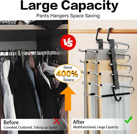 Pants Hangers Space Saving - 2 Pack Closet Organizer and Storage Jean Hangers, Stainless Steel Anti-Slip Clothes Hanger Scarf Holder for Pants Jeans Leggings Trousers Pant Rack, Black