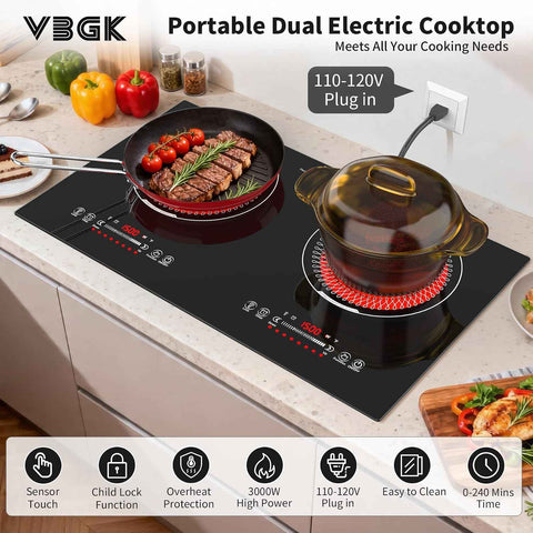 VBGK 24 Inch Electric Cooktop,110V 3000W Electric Stove Top with LED touch Control,8 Power Levels, Kids Lock & 4H Timer,Overheat Protection stove, 2 burner cooktop