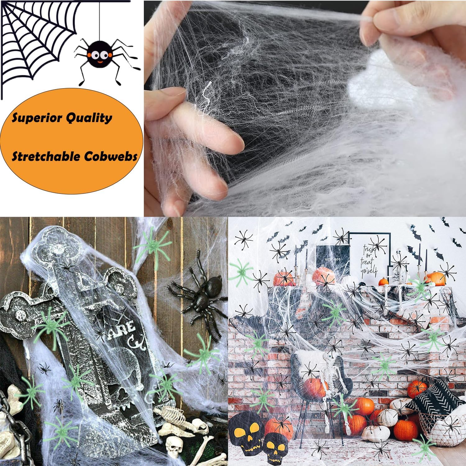 300 sqft Spider Webs Halloween Decorations, Super Stretchy Web Cobwebs with 10 Glow Fake and Creepy Black Spiders White Webbing Haunted House Party Supplies Spooky Home Office Yard Decor