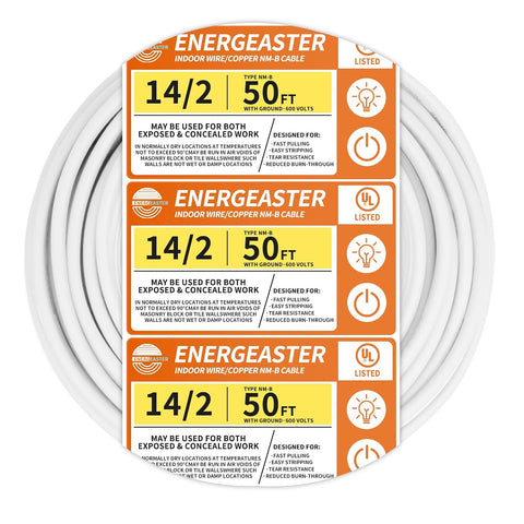 Energeaster Solid Indoor 14/2 W/G NMB Cable 50ft, Electrical Wire, White