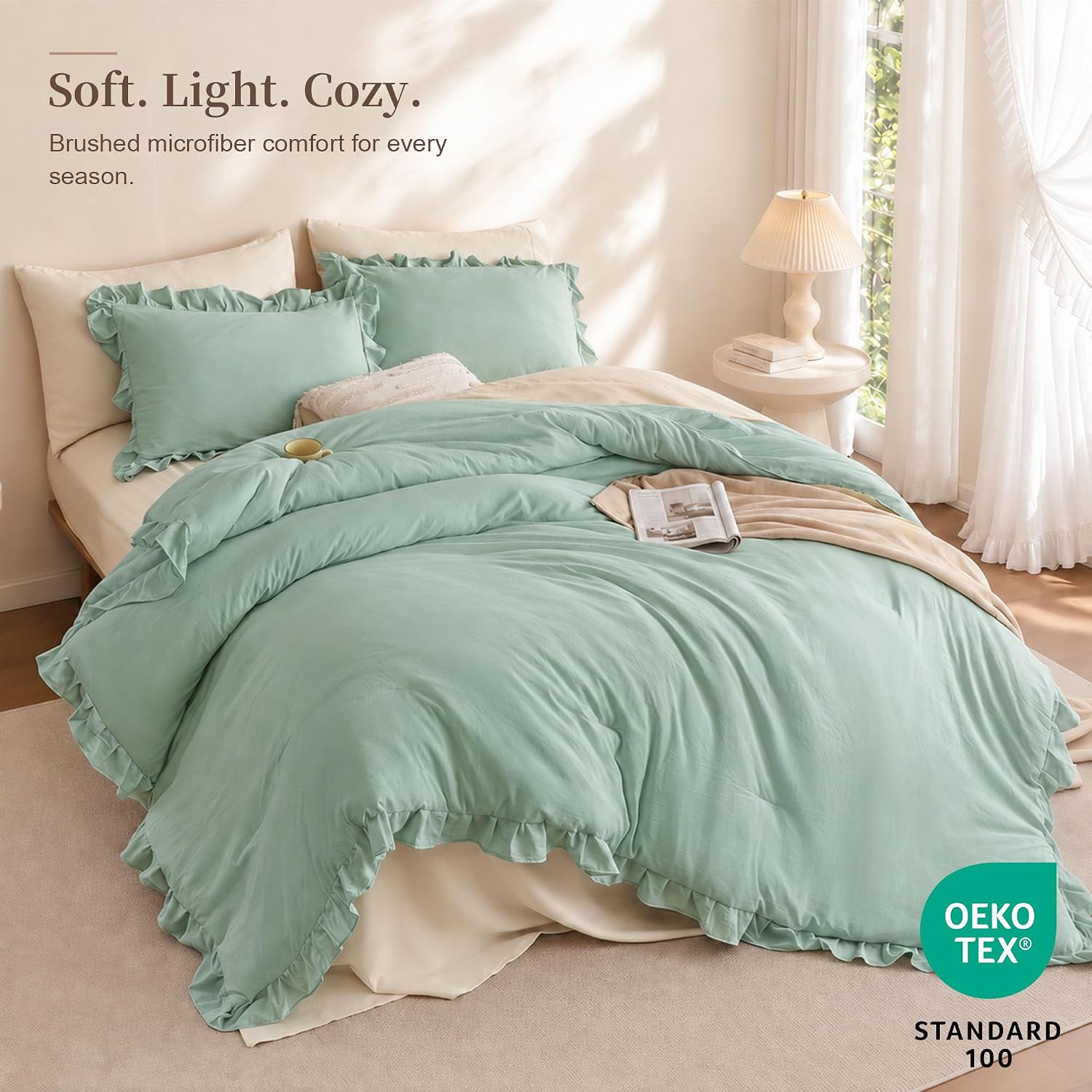 JANZAA Sage Green Comforter Set Twin, Ruffle Soft Bedding