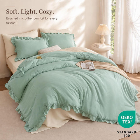 JANZAA Sage Green Comforter Set Twin, Ruffle Soft Bedding