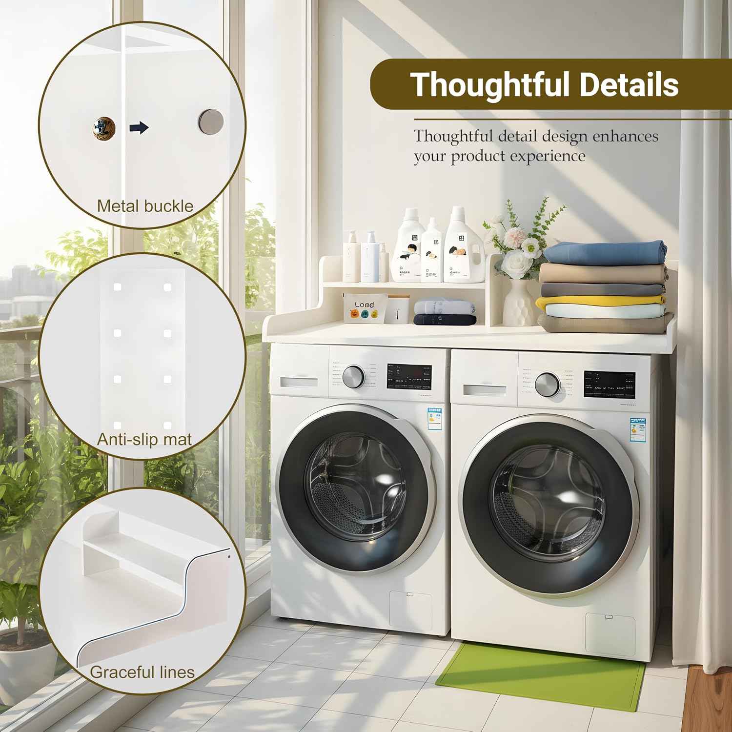 Washer Dryer Countertop with Shelf, 2 Tier Laundry Countertop Organizer, Wooden Washer and Dryer Topper with Raised Edge for Folding, Sorting & Storage Black 28" D x 58" W x 12" H