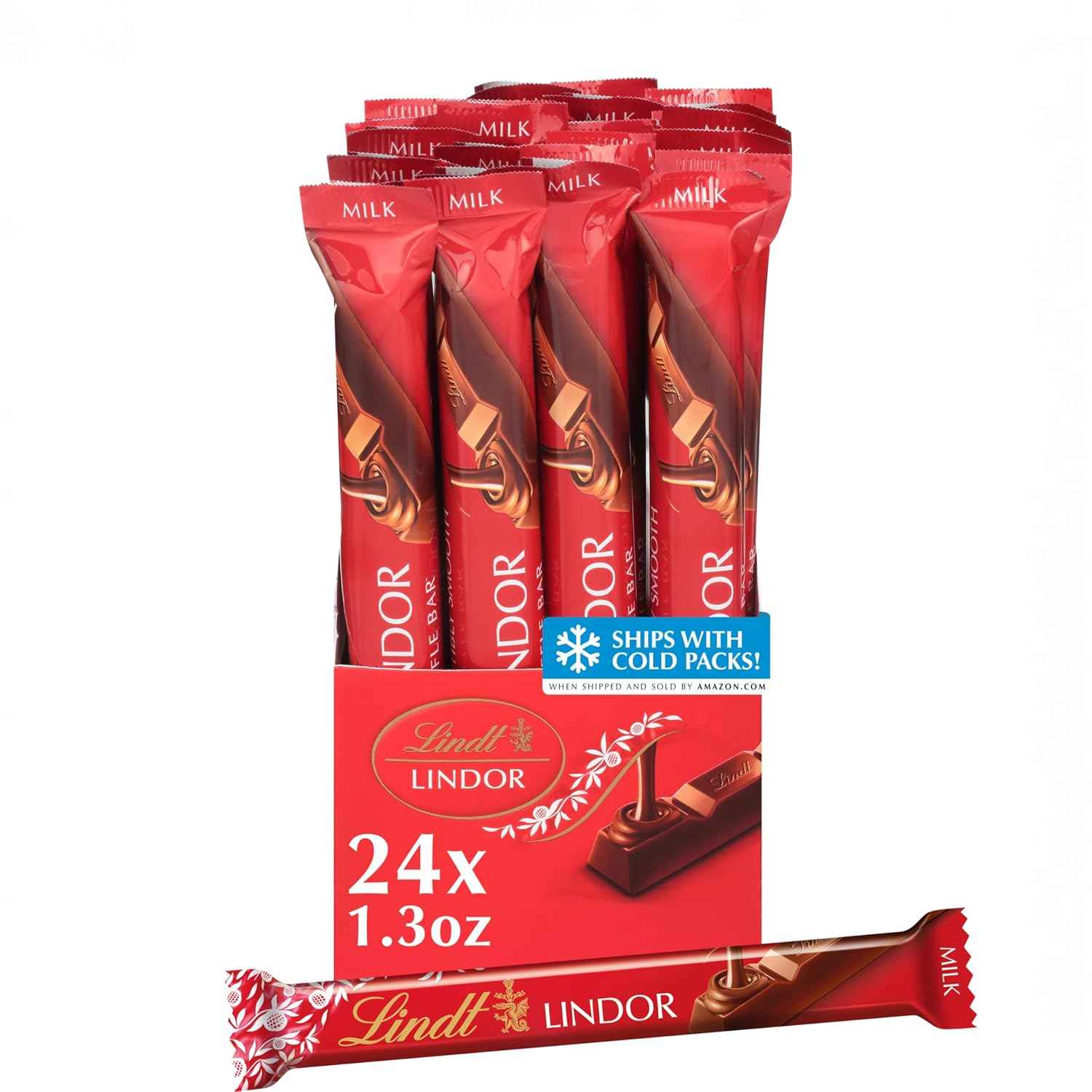 Lindt LINDOR Milk Chocolate Candy Truffle Bar, 1.3 oz., 24 Pack