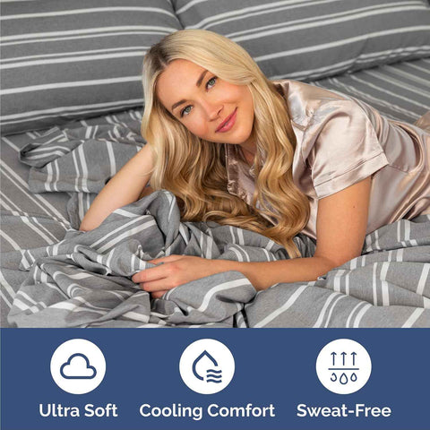 Cal King Size 4 Piece Sheet Set - Comfy Breathable & Cooling - Grey Stripes