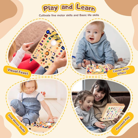Busy Board with LED Light Switches, Montessori Toys for 1 2 3 Years Old, Toddlers Wooden Toy Sensory Activity Board, Travel Toys for 1+ Year Old Boy & Girl Birthday Gift (19 Switches)