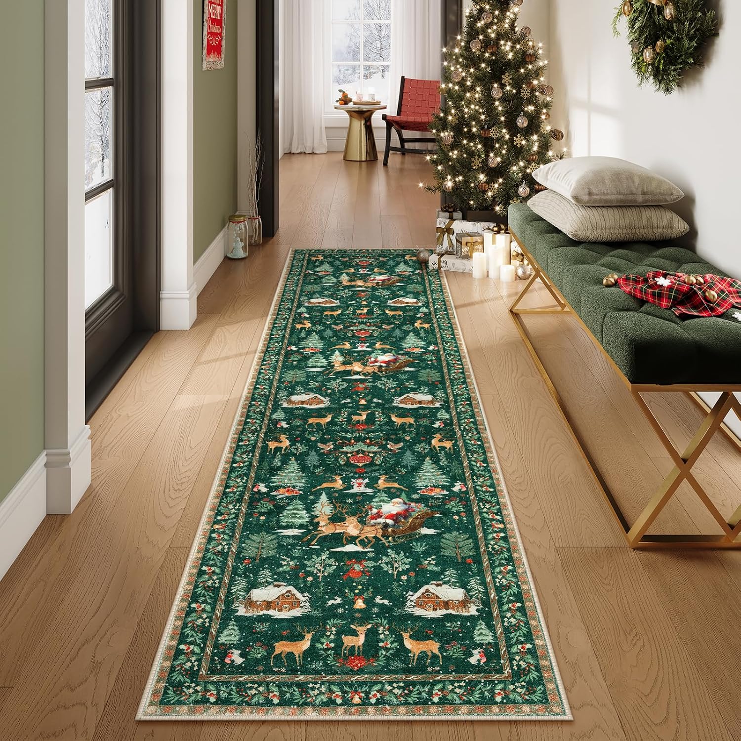 Lahome Christmas Green Hallway Runner, Non-Skid, Washable, Soft, Perfect for Entryway, Bedside, Holiday Decor (2'x10')