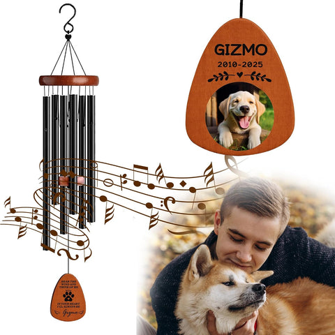 Personalized Pet Memorial Wind Chimes with Photo Pet Memorial Gifts for Dogs Pet Bereavement Gifts Custom 25.5 Inch Wind Chimes for Garden Patio for Loss of Dog Cat Puppy (Champagne Gold, Design 4)