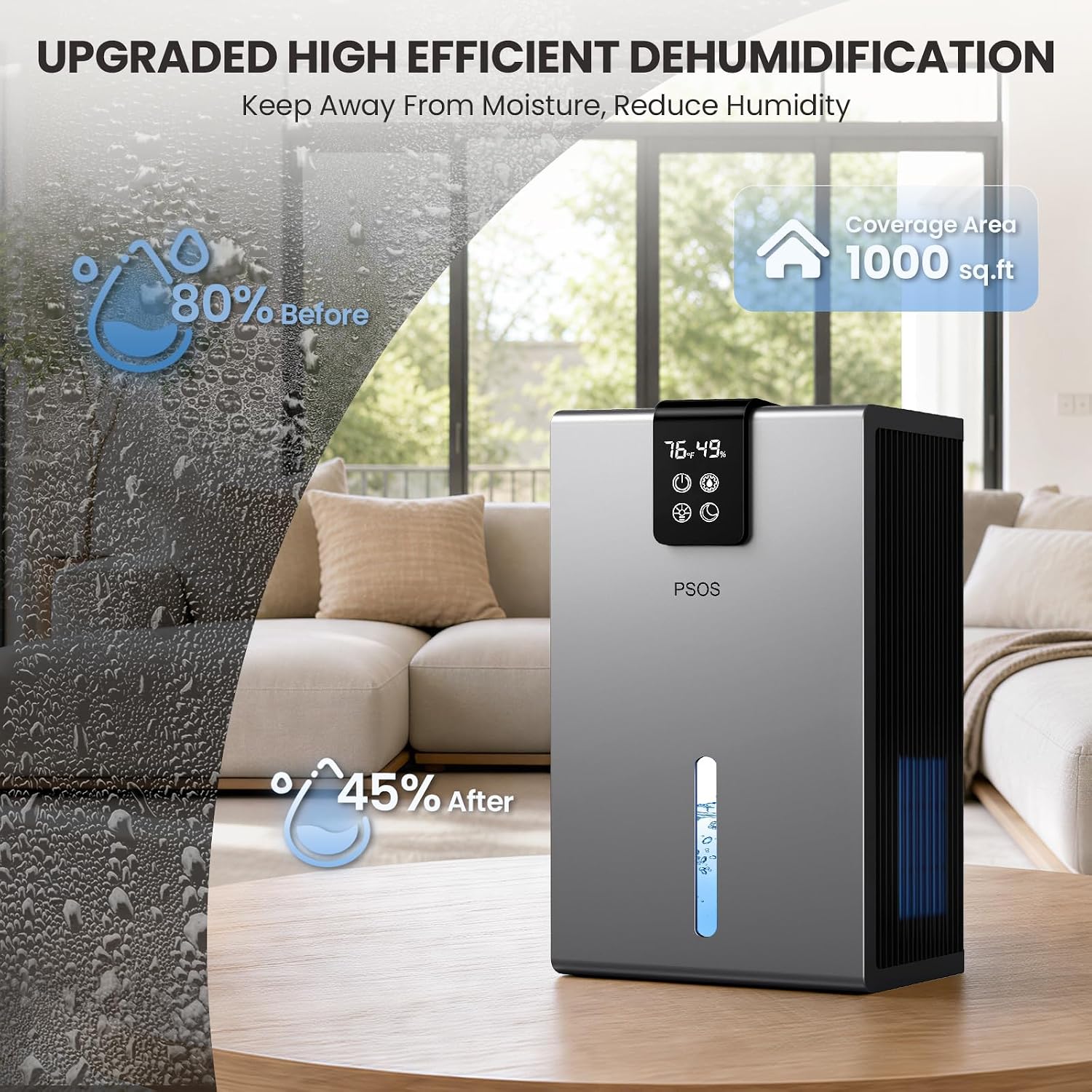 PSOS Dehumidifier, Dehumidifiers for Home, 98 OZ Water Tank, (1000 sq.ft) Quiet Dehumidifier for Basement Bathroom Bedroom with Humidity Display, Auto Shut Off, Relaxing 7 Color Ambient Light(Gary)