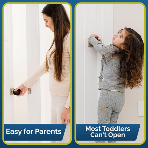 Child Safety Door Knob Cover (4 Pack) Hard-to-Remove Dual-Lock Door Handle Covers for Kids - Reusable Baby Proof Door Knob Locks - Installs Easily, No Tools Needed (Black)