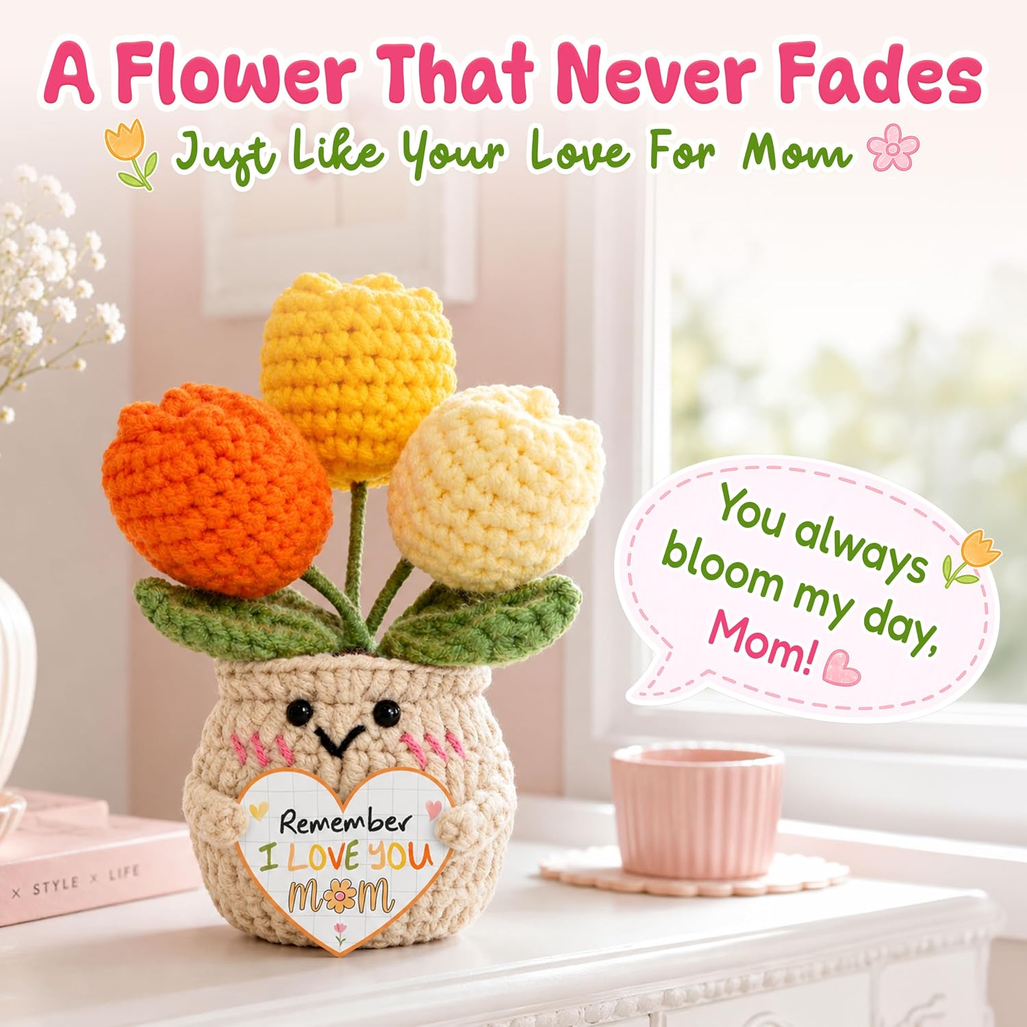 OASSIE Mom Gifts from Daughters Sons - Emotional Support Crochet Tulip
