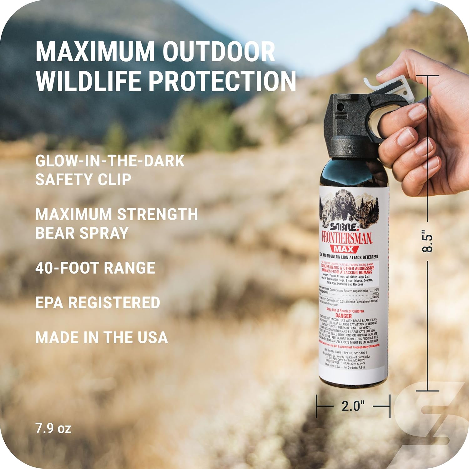 SABRE Frontiersman MAX Bear Spray & Mountain Lion Deterrent – 40‑Foot Range, Max Strength 2% Major Capsaicinoids, Self Defense for Hiking, Camping, Hunting, Fishing & Biking