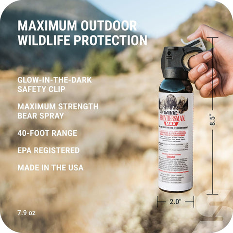 SABRE Frontiersman MAX Bear Spray & Mountain Lion Deterrent – 40‑Foot Range, Max Strength 2% Major Capsaicinoids, Self Defense for Hiking, Camping, Hunting, Fishing & Biking