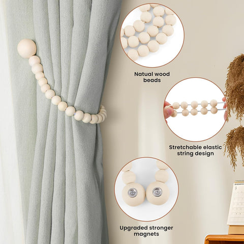 KLOGTSIND Magnetic Curtain Tiebacks, 4 Pack Wood Bead Curtain Holdbacks