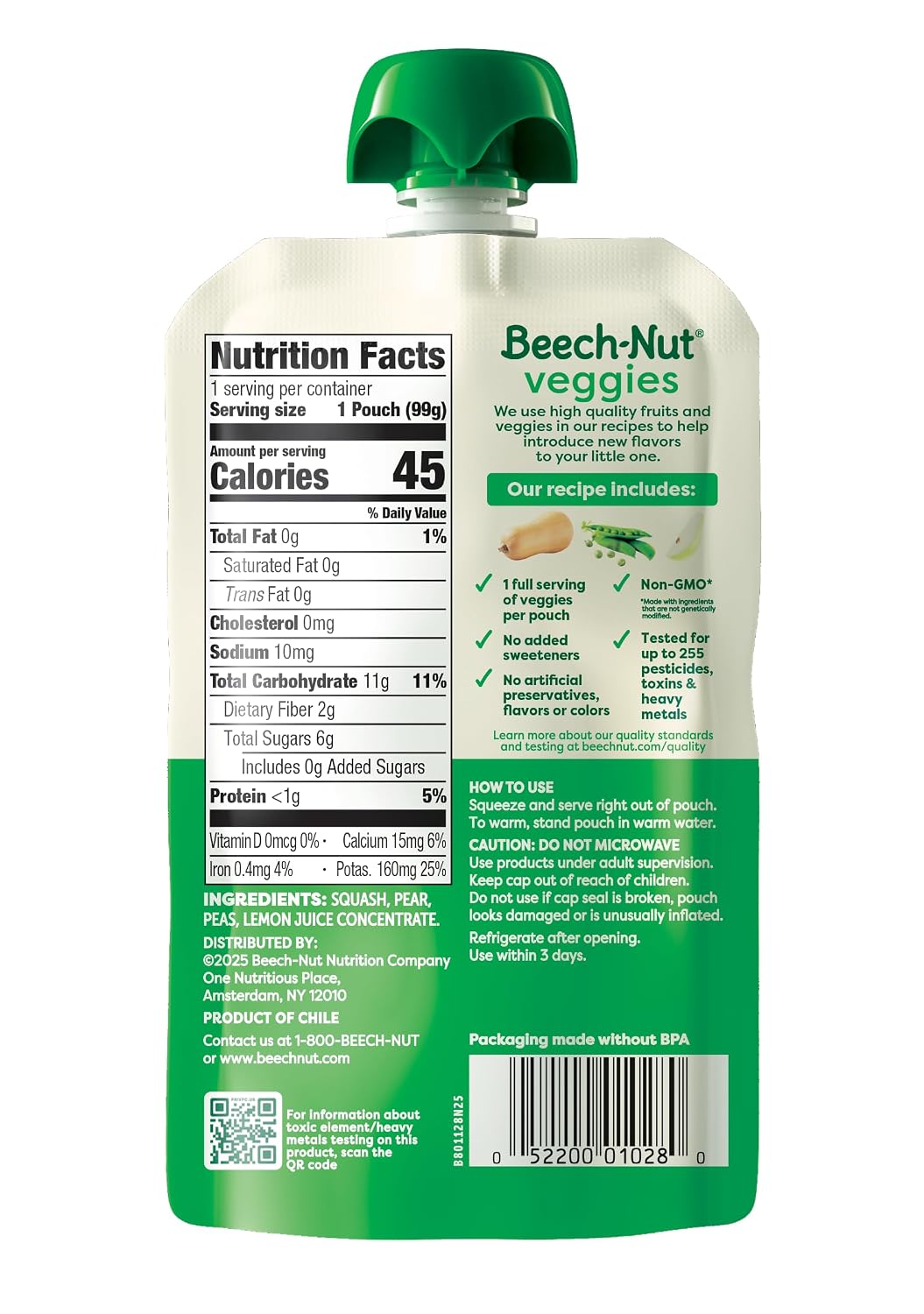 Beech-Nut Baby Food Pouches, Squash Peas Pears Veggie Puree Baby & Toddler Food, 3.5 oz (24 Pack)