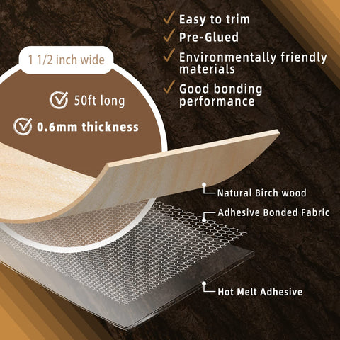 GSCIT Club Birch Edge Banding, 1 1/2 inch x 50ft roll Wood Veneer Edge Banding Preglued Flexible, Veneers Tape Cabinet Plywood
