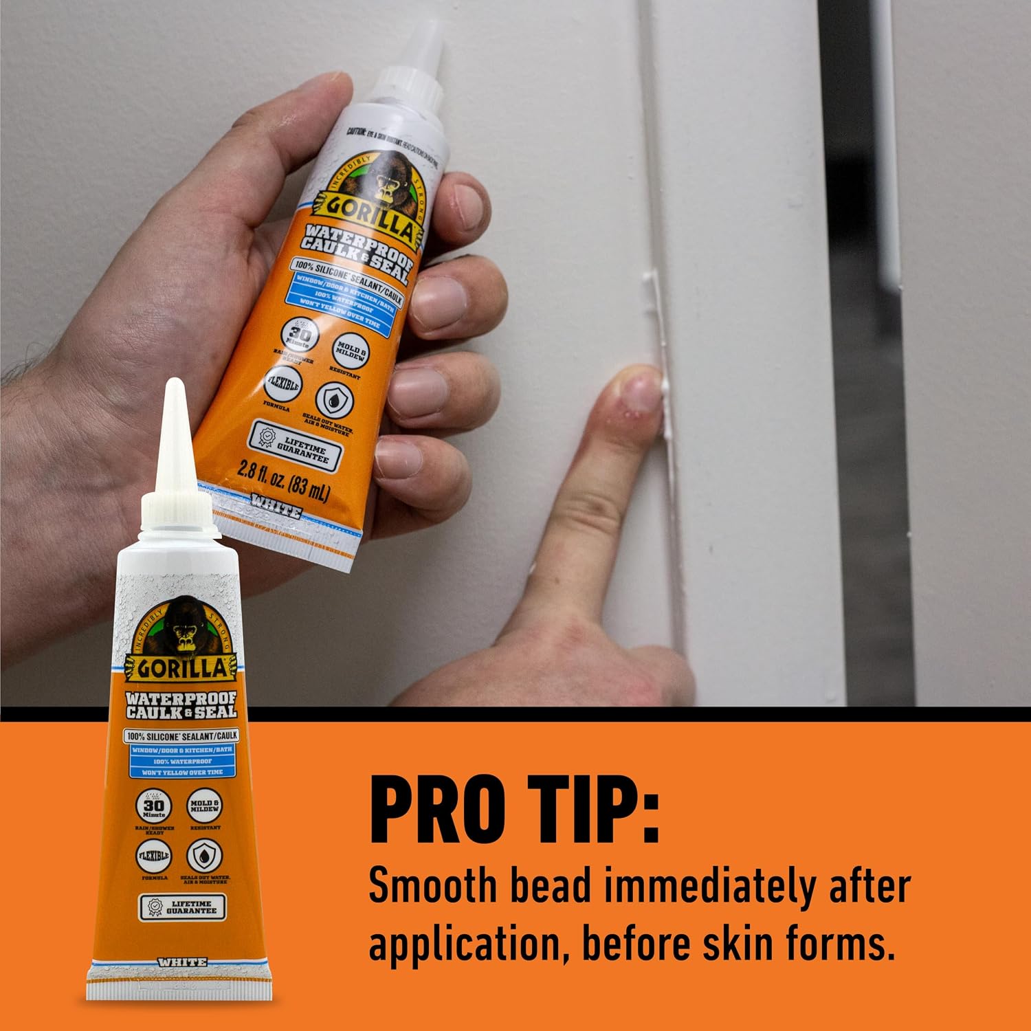 Gorilla 100% Silicone Caulk, Waterproof Sealant, 2.8oz Squeeze Tube, 2-Pack