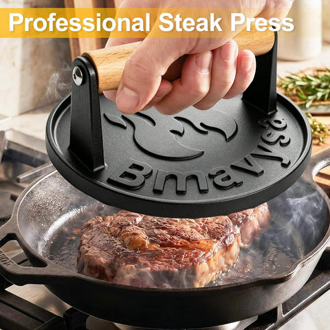 Heavy Duty Cast Iron Smash Burger Grill Press with Wooden Handle