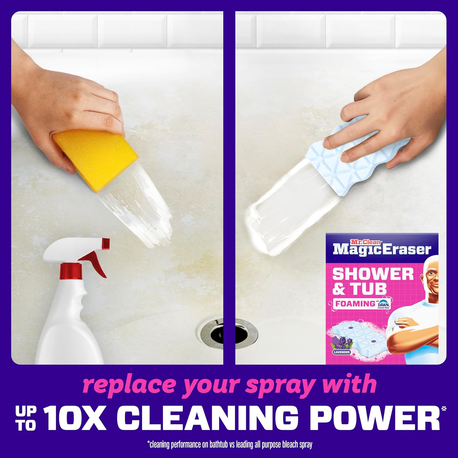 Mr. Clean Magic Eraser Sponge, Bathroom, Shower, Tub Cleaner, Soap Scum Remover, Bathroom Cleaning Supplies, Dawn Cleaning Power with Lavender Scent, Shower & Tub, 8ct