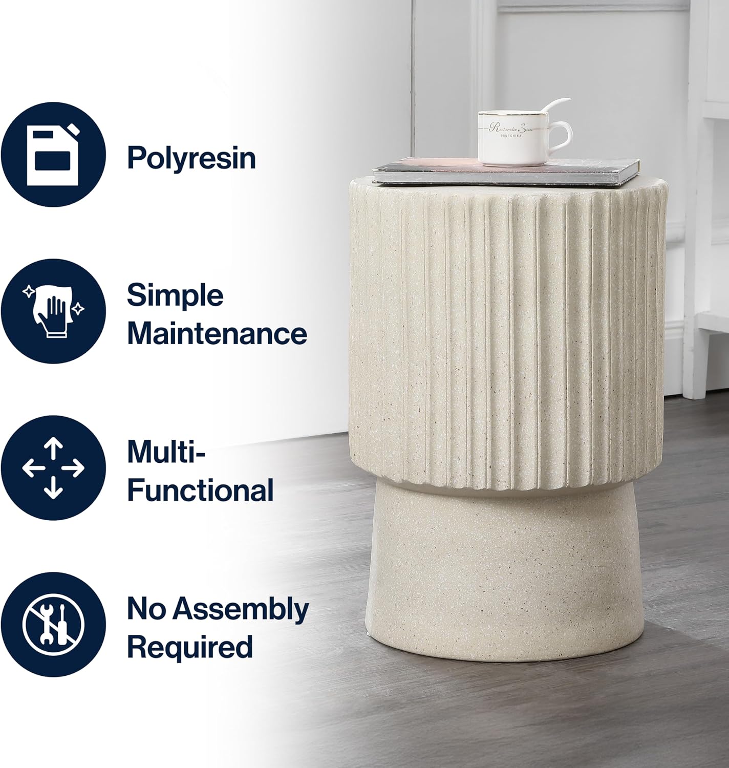JONATHAN Y Louisa Outdoor Accent Table 19" Fluted Polyresin, Cream Terrazzo