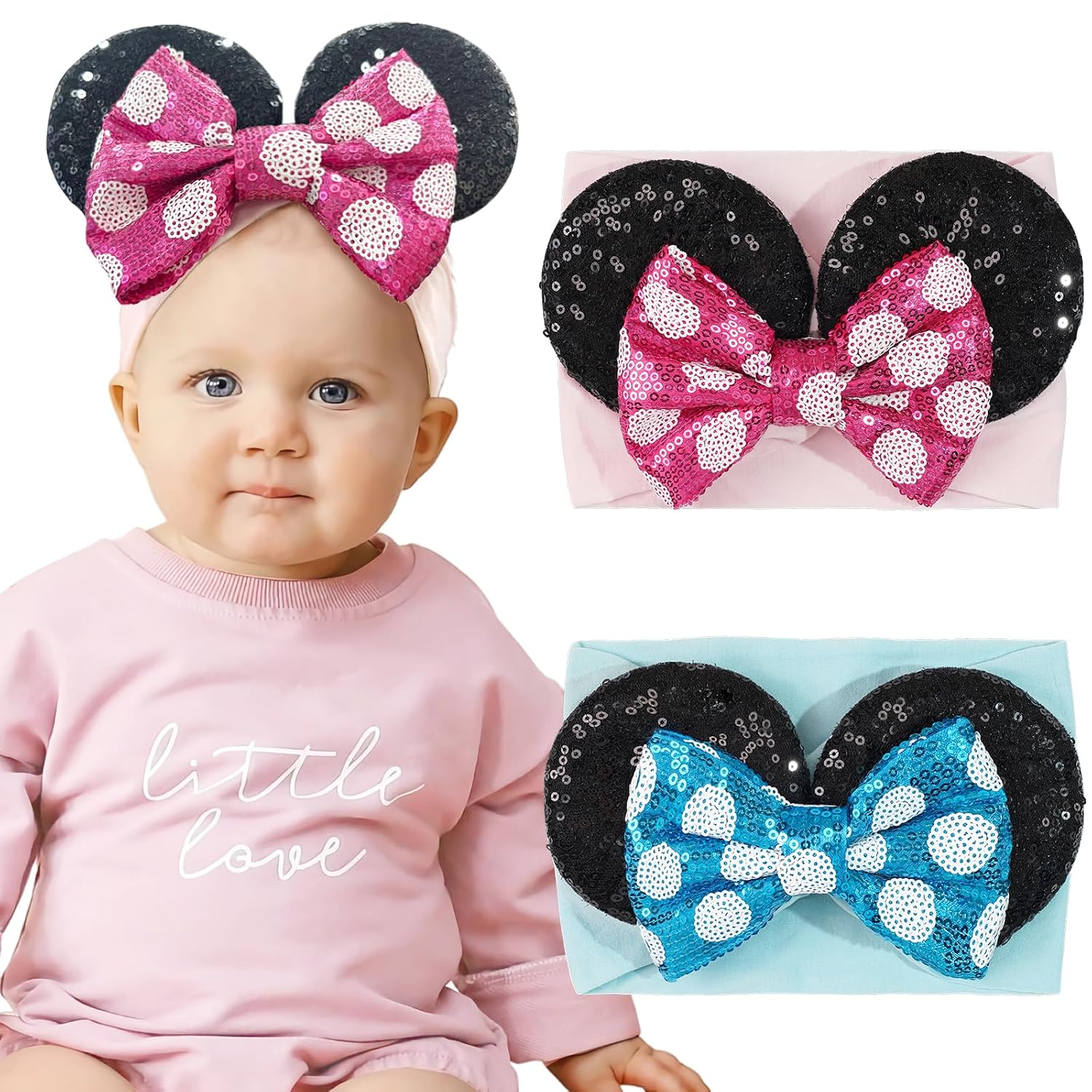 2PCS Baby Girl Rose Red Blue Headbands Mouse Ear Nylon Sequins Headbands