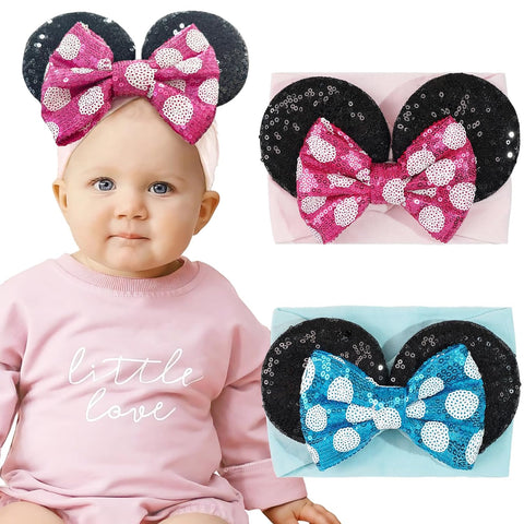 2PCS Baby Girl Rose Red Blue Headbands Mouse Ear Nylon Sequins Headbands