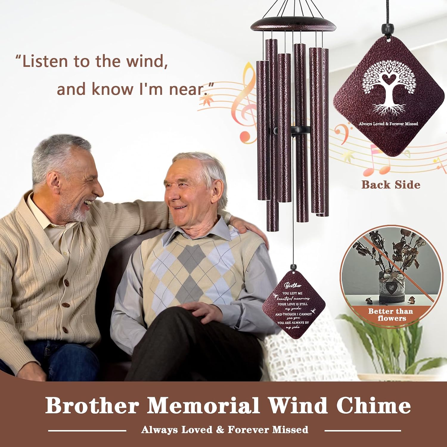 Memorial Gifts for Loss of Brother, 32" Sympathy Wind Chimes for Loss of Brother, Bereavement Gifts Loss of Brother, Loss of Brother Sympathy Gifts, Windchimes in Memory of Brother (Bronze)