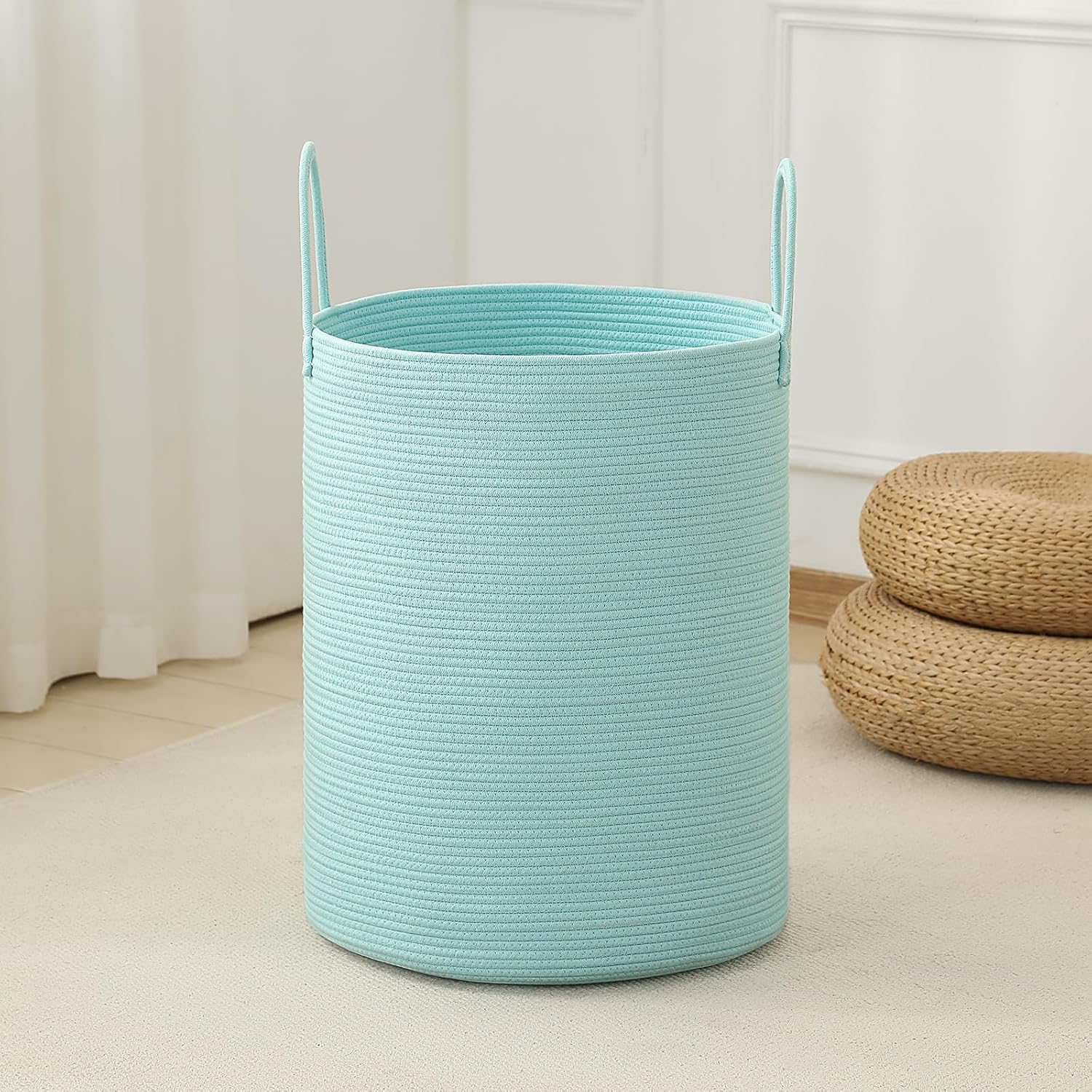 Laundry Basket Hamper Tall Rope Storage Woven for Blanket toys Dirty Clothes in Living Room Bathroom Bedroom (Cyan, 60L/15.8Gal)