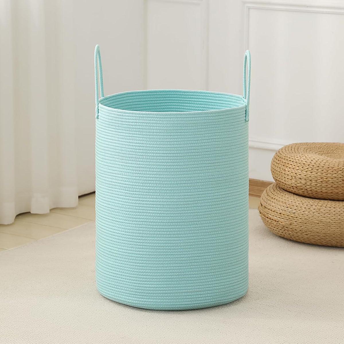 Laundry Basket Hamper Tall Rope Storage Woven for Blanket toys Dirty Clothes in Living Room Bathroom Bedroom (Cyan, 60L/15.8Gal)