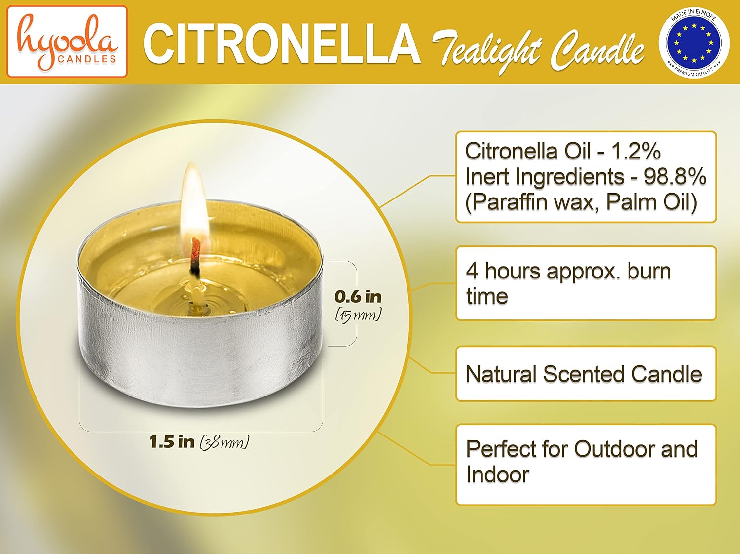 Hyoola Tealight Citronella Candles - Anti Mosquito Candle - 4 Hour Burn - 50 Pack - DEET Free