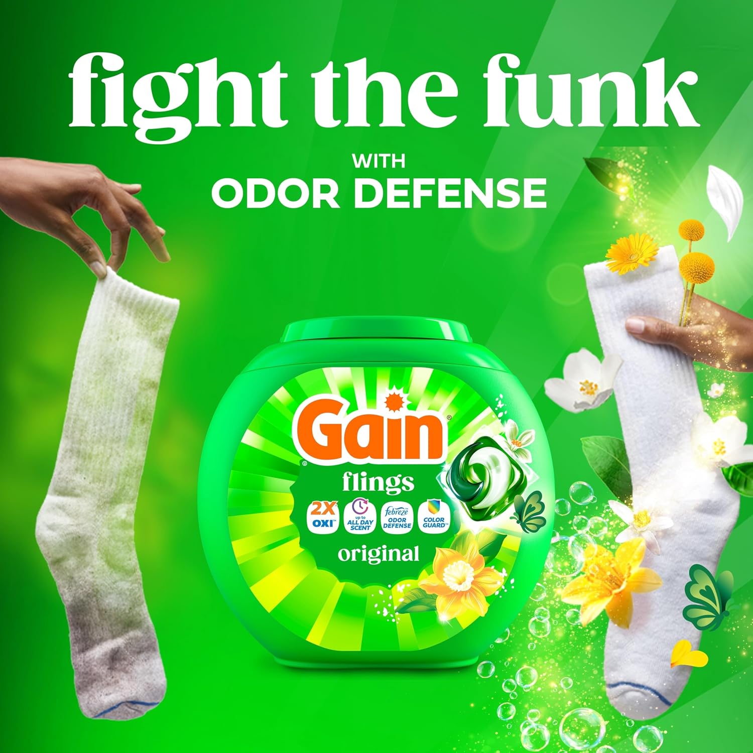 Gain Flings Liquid Washing Detergent Pods, Now with Odor Defense + Color Guard, Original Scent, 4-In-1 Liquid Laundry Detergent Pacs, Clean & Fresh, 112 Count (Packaging May Vary)