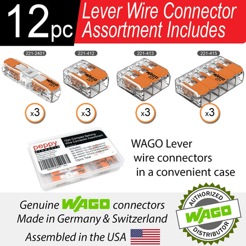 WAGO 221 Lever Nuts 12pc Compact Splicing Wire Connector Assortment with Case | Includes 221-2401, 221-412, 221-413, 221-415
