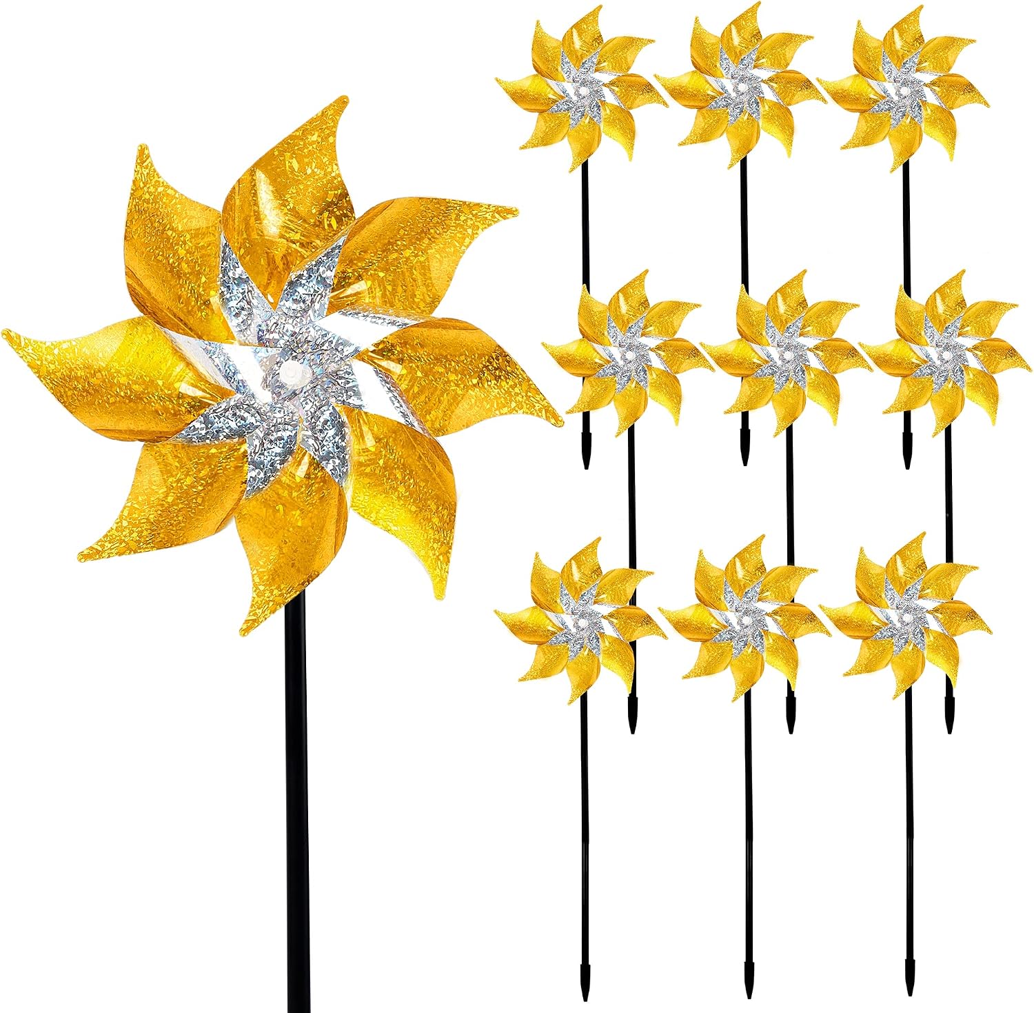 Hausse 10 Pack Reflective Pinwheels with Stakes (Assembly Required), Extra Sparkly Pin Wheel for Garden Decor, Bird Repellent Devices Deterrent to Scare Birds Away from Yard Patio Farm, Golden