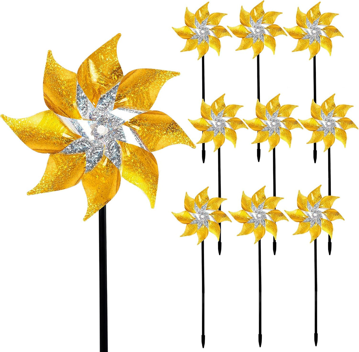 Hausse 10 Pack Reflective Pinwheels with Stakes (Assembly Required), Extra Sparkly Pin Wheel for Garden Decor, Bird Repellent Devices Deterrent to Scare Birds Away from Yard Patio Farm, Golden