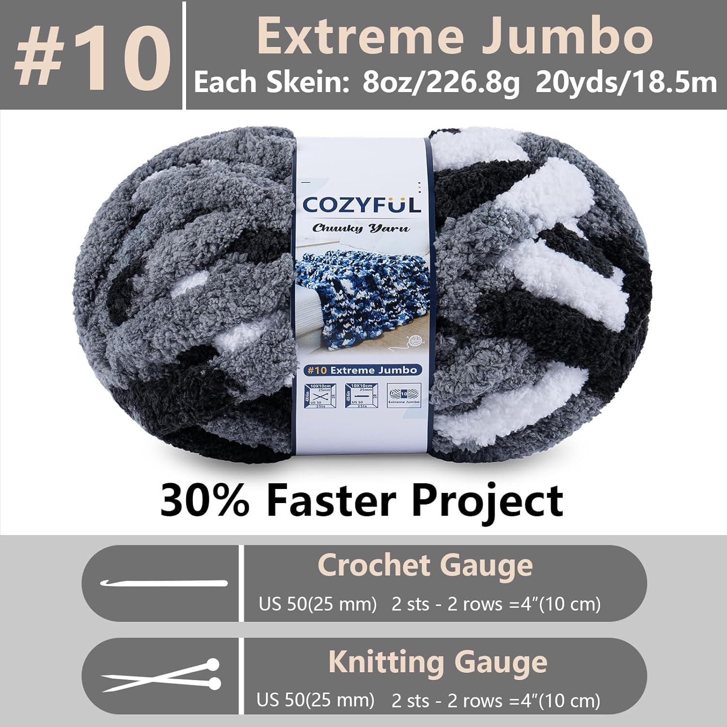 Cozyful Chunky Yarn for Hand Knitting - #10 Chunky Chenille Blanket Yarn, Jumbo Big Thick Chunky Yarns for Crocheting, Tie Dye Bulky Knit Yarns, 8 Skein (20 yds 8 oz Each Skein), Black & Grey & White