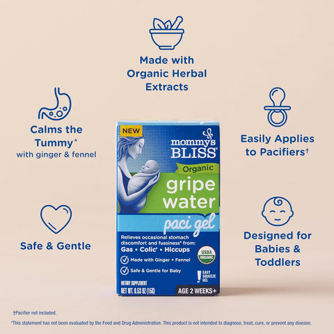Mommy's Bliss Organic Gripe Water Pacifier Gel for Newborns, Infant Gas, Colic & Fussiness*, Age 2 Weeks +, 0.53 Oz (45 Servings)