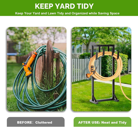 Heavy-Duty Garden Hose Holder with Stable Base and Tool Hooks, GAVISCITY Freestanding Metal Hose Hanger Garden Hose Storage Holds 151Ft Hose, Rustproof Water Hose Holder for Outside Yard Lawn, Black