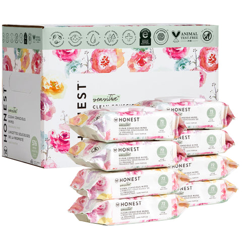 The Honest Company Clean Conscious Unscented Wipes | Over 99% Water, Compostable, Plant-Based, Baby Wipes | Hypoallergenic for Sensitive Skin, EWG Verified | Rose Blossom, 576 Count