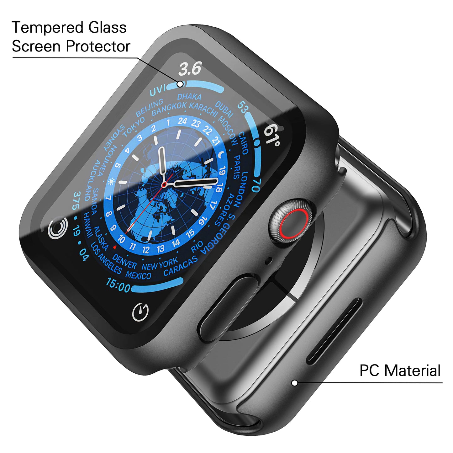 Misxi 2 Pack Hard PC Case with Tempered Glass Screen Protector Compatible with Apple Watch Series 9 (2023) Series 8 Series 7 45mm, Ultra-Thin Scratch Resistant Cover for iWatch S9/S8/S7, Black