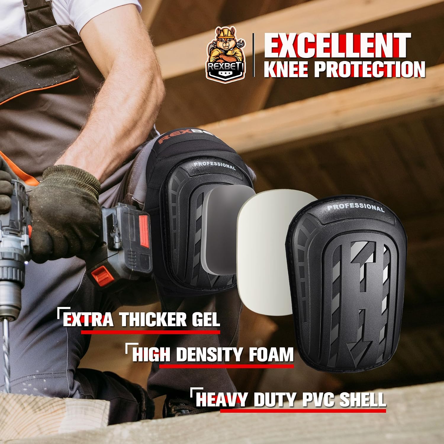 REXBETI Knee Pads for Men, Anti-slip Construction Gel Knee Pads for Work