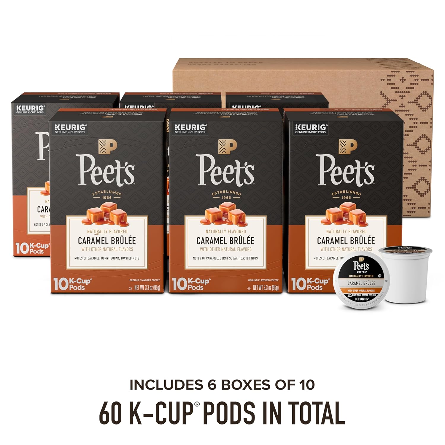 Peet's Coffee, Flavored Light Roast Keurig K-Cup Pods, Arabica Coffee, Natural Flavors - Caramel Brûlée 60 Count (6 Boxes of 10 K-Cup Pods)